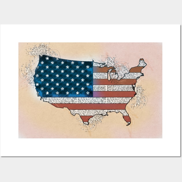 Vintage Patriotic America Map with USA Flag Wall Art by Naumovski